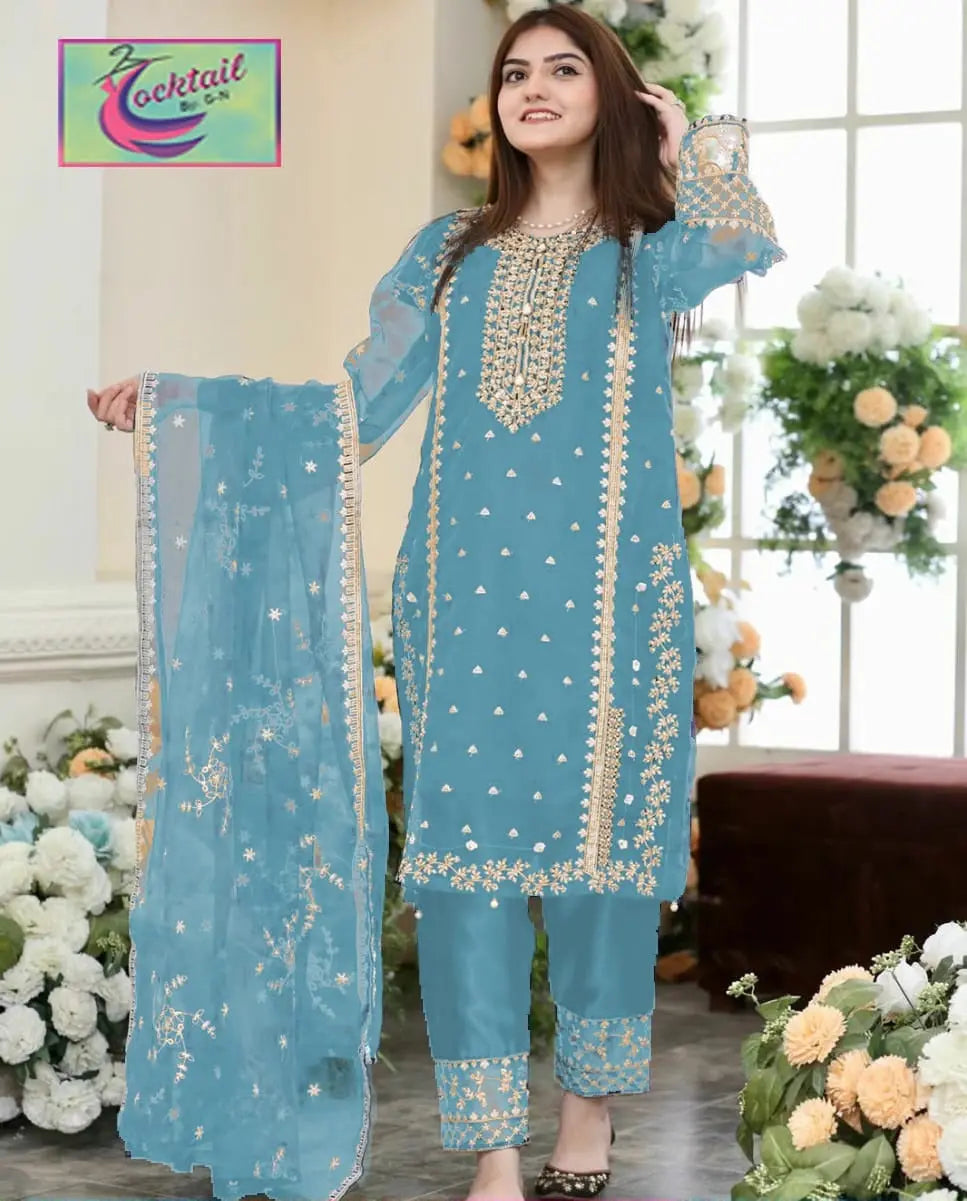 Organza Embroidered Suit with Dupatta - 3 PCs Fashion Fantasia Store