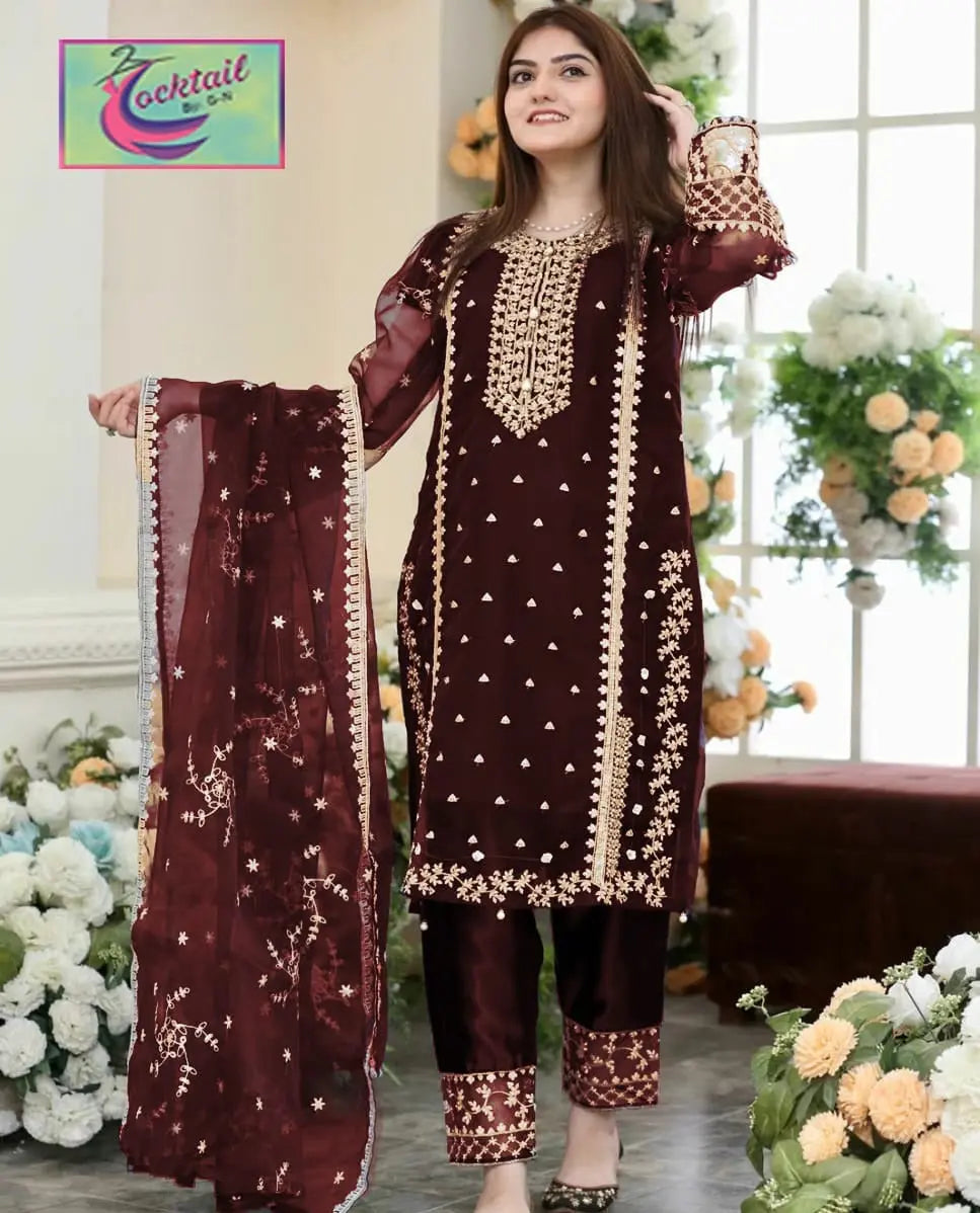 Organza Embroidered Suit with Dupatta - 3 PCs Fashion Fantasia Store