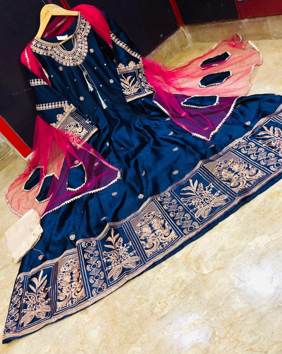 Silk Embroidered Suit with Dupatta - 3 PCs Fashion Fantasia Store