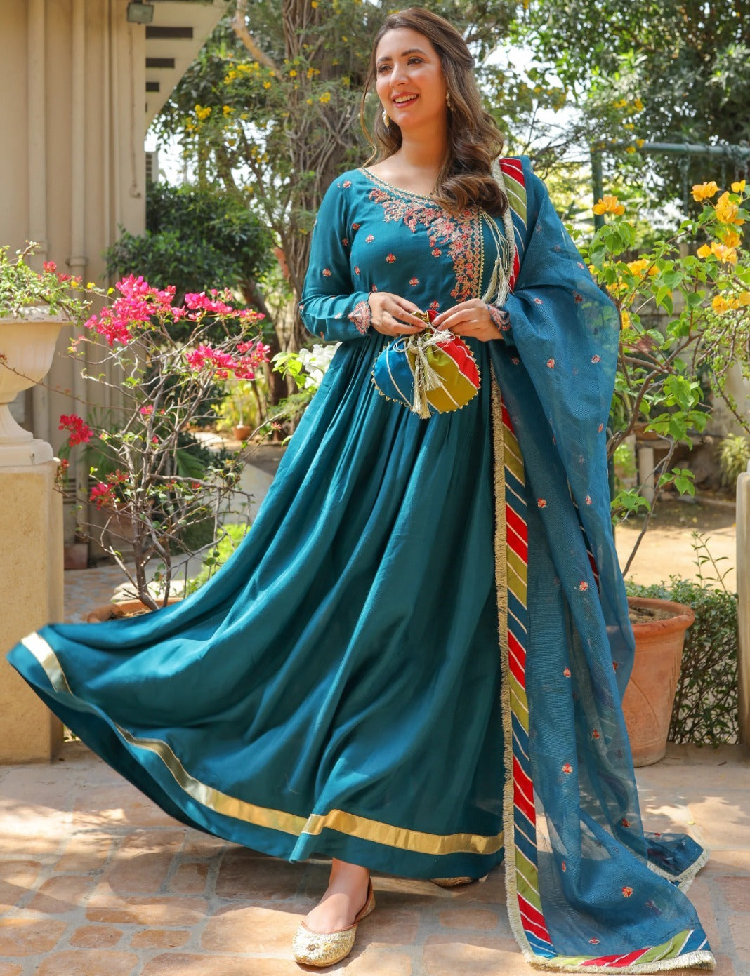 Designer Silk Embroidered Suit with Dupatta and  Potli  - 3 PCs Fashion Fantasia Store