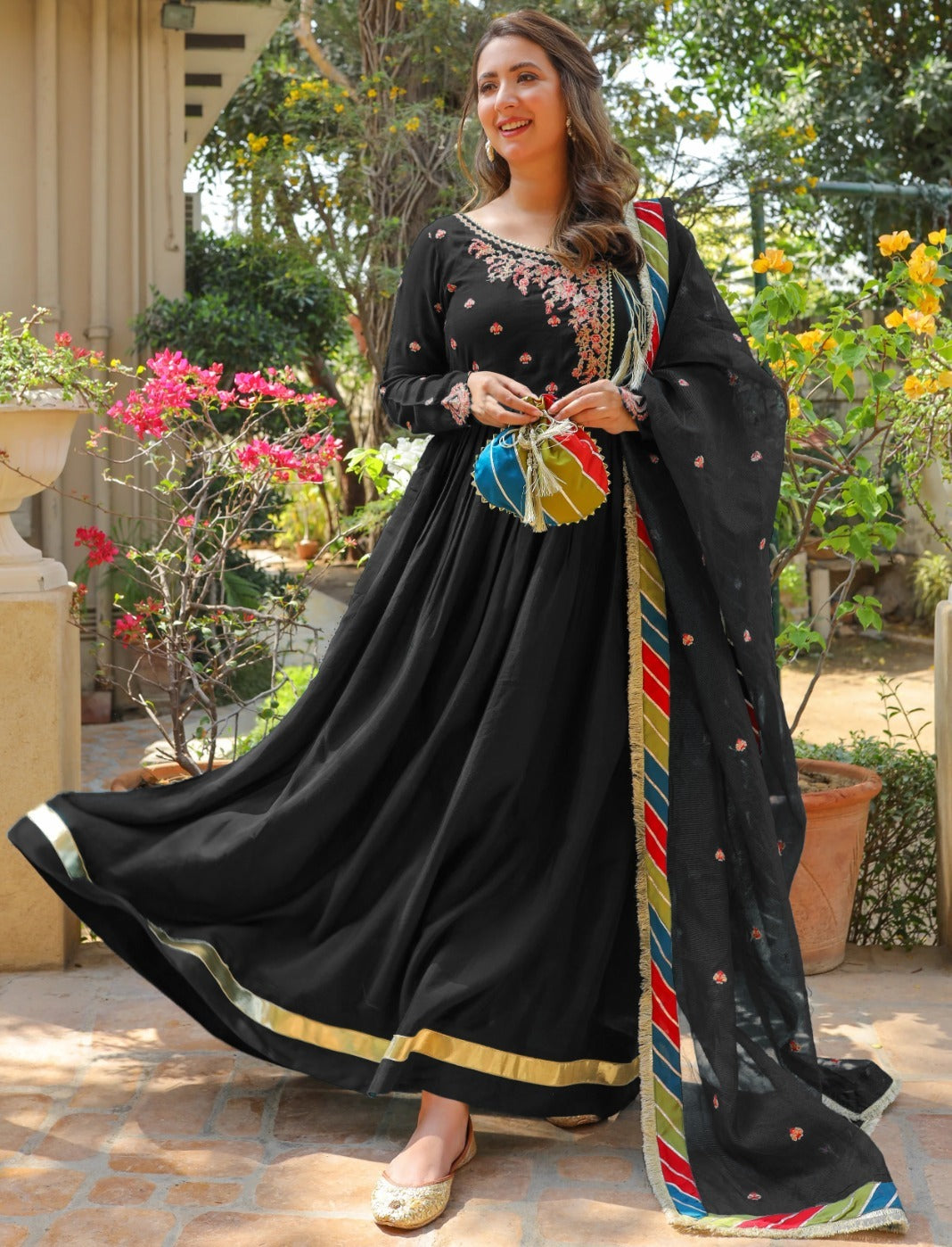 Designer Silk Embroidered Suit with Dupatta and  Potli  - 3 PCs Fashion Fantasia Store