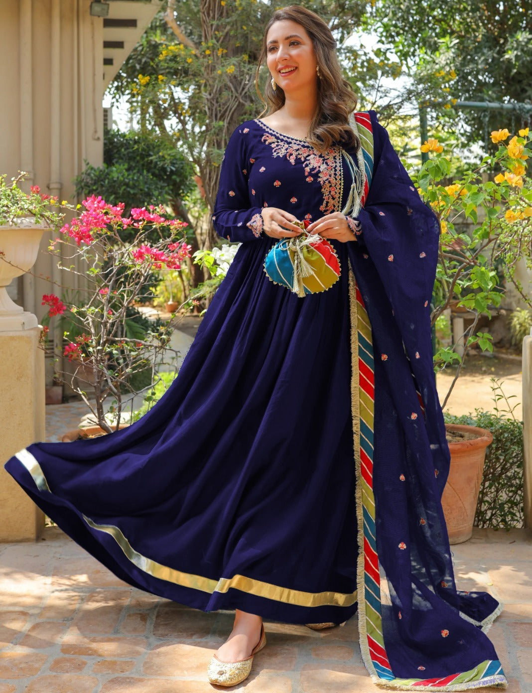 Designer Silk Embroidered Suit with Dupatta and  Potli  - 3 PCs Fashion Fantasia Store