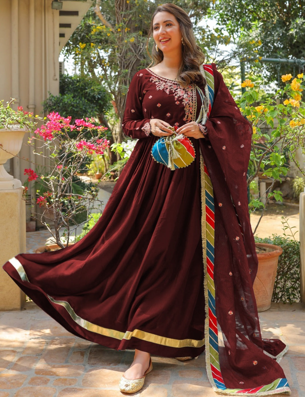 Designer Silk Embroidered Suit with Dupatta and  Potli  - 3 PCs Fashion Fantasia Store