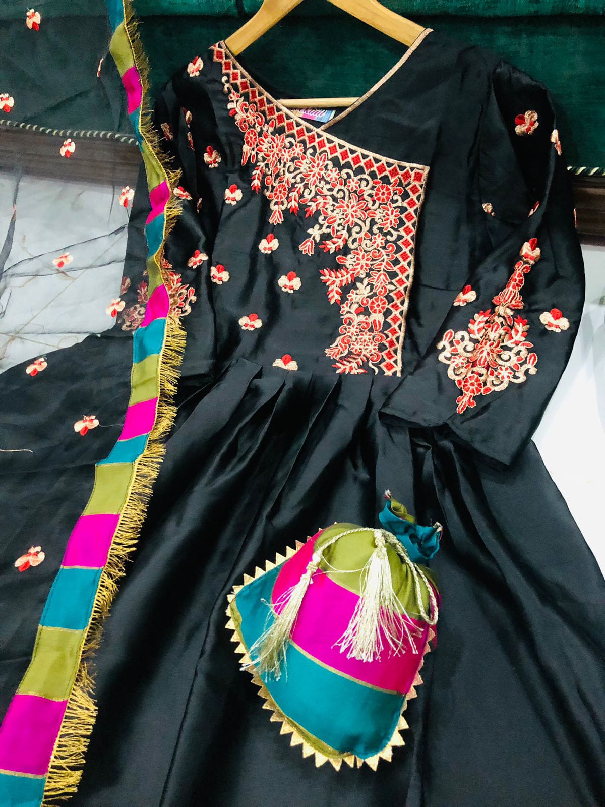 Designer Silk Embroidered Suit with Dupatta and  Potli  - 3 PCs Fashion Fantasia Store